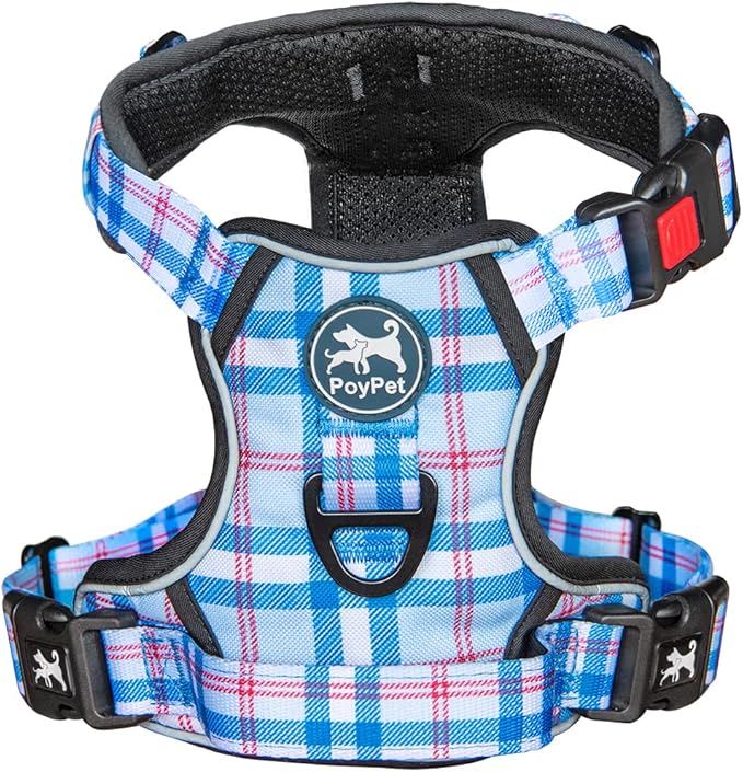 PoyPet Plaid Dog Harness, No Pull Front Clip Pet Vest Harness, Soft Padded Reflective Adjustable Walking Harness with Handle for Large Medium Small Dogs(Checkered Blue, M)