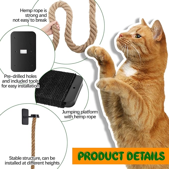 Weysat Cat Tree with 2 x 59.1 Inch Climbing Rope Wall Mounted Cat Climbing Tower Toy with Scratching Post Kitten Rope Ladder with Jumping Platform Wall Steps for Playing and Rest(Black,Classic)