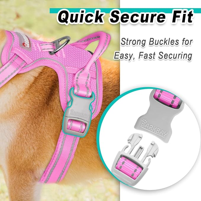 BARKBAY Dog Harness No Pull Mesh for Large Dogs - Adjustable, Reflective, Comfortable, No Choke, Heavy-Duty - Perfect for Outdoor Training, Walking, and Hiking - Strong & Durable - L & Pink Mesh
