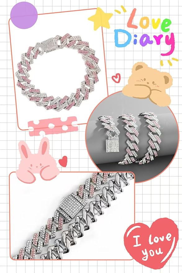 Pink Dog Chain Collar,Bling Diamond Cuban Link Dog Collar Dog Necklaces Rhinestone Bling Glitter Metal Pet Jewelry for Puppy Small Medium Large Dogs (Pink 26inch)