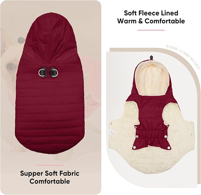 Fleece Lining Dog Hoodie with Harness Built in,Extra Warm Small Dog Jacket in Winter Puppy Coats with Drawstring Hooded,Red S