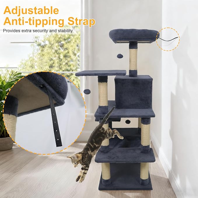 DORTALA Cat Tree for Indoor Cats, 58" Tall Cat Tower with Top Perch, Condo, Hammock, Sisal Scratching Posts, 3 Dangling Balls, Platforms, Multi-Level Pet Climbing Furniture Playground (Grey)