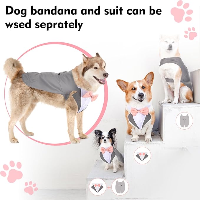 Weewooday Dog Tuxedo and Bandana Set Dogs Formal Tuxedo Pet Wedding Party Suit Wedding Bow Tie Shirt for Birthday Costumes(Cool Style,Large)