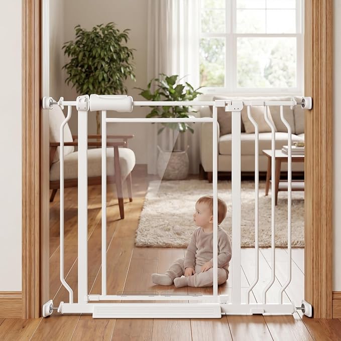 TSAYAWA Triple-Lock Acrylic Baby Gate 29.5"-38.5", Crystal Clear Transparent Pet Gate for Dogs, Heavy Duty Metal Gate for Doorways, Pressure Mount Child Safety Barrier, Auto Close, White