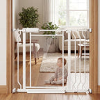TSAYAWA Triple-Lock Acrylic Baby Gate 29.5"-38.5", Crystal Clear Transparent Pet Gate for Dogs, Heavy Duty Metal Gate for Doorways, Pressure Mount Child Safety Barrier, Auto Close, White