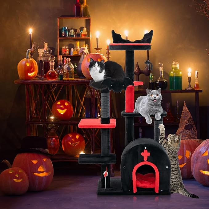 Tangkula Gothic Cat Tree, 53 Inch Black Cat Tower with Coffin Bed, Condo, Scratching Posts, Spider Pompom & Spring Balls, Halloween Pet Furniture, Spooky Goth Cat Tree for Indoor Cats