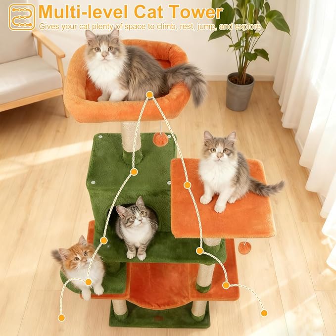 DORTALA Cat Tree for Indoor Cats, 58" Tall Cat Tower with Top Perch, Condo, Hammock, Sisal Scratching Posts, 3 Dangling Balls, Platforms, Multi-level Pet Climbing Furniture Playground (Green & Orange)