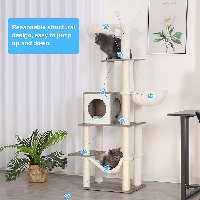 Hey-brother Wooden Cat Tree, 66.1“ Cat Furniture with Scratching Posts, Modern Cat Tower with hammocks, Toys, cat condo, Rustic Gray MPJ120SG