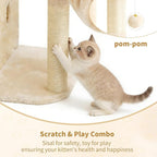 Heybly Cat Tree, 25.6-inch Cat Tower with Spacious Top Perch for Large Cats, Stair-Style Cat House Furniture with Dual-Layer Condos, Sisal Scratching Posts, Cozy Basket & Pompom, Beige HCT204SM