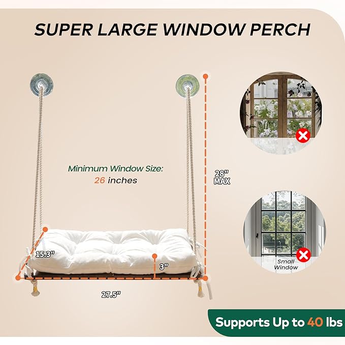 CHEERPALS Cat Window Perch for Indoor Cats, Wooden Cat Bed for Window with Washable Cushion, Hanging Kitty Hammock Suitable for Small-to-Large Cats