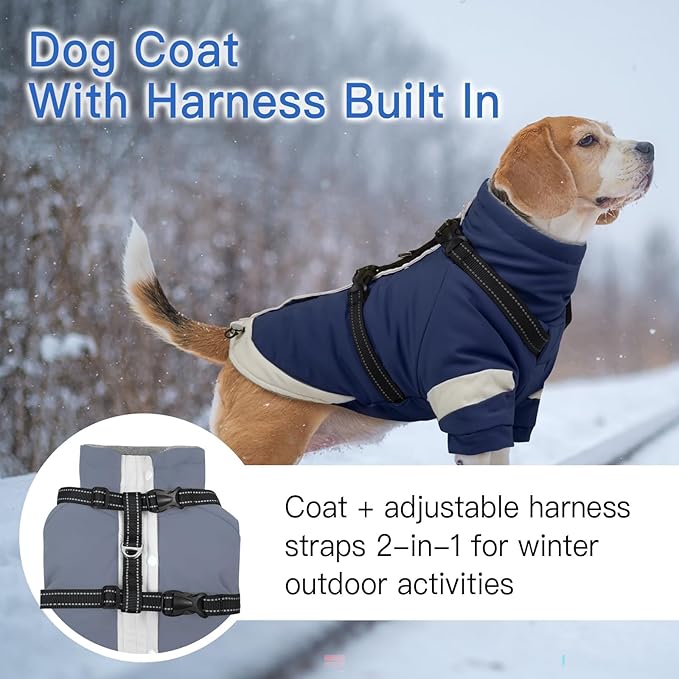 XL Winter Coat for Medium Dogs,Reflective Harness Built in | Turtleneck Dog Snowsuit with Sleeves for Snow Day Keep Warm,Outdoor Activities Water-Repellent & Windproof Jacket (Navy-Blue)