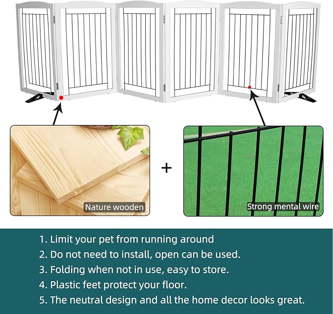 Dog Fence Indoor,Dog Gate Indoor for Doorway pet gate -6-Panel Freestanding, Hallways, House or Stairs -120x32-Inch Retractable Foldable Expandable Wood Pet by SFJC (White)