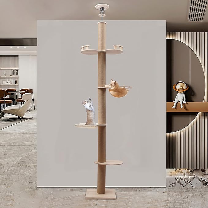 Floor-to-Ceiling Cat Tree Cat Climbing Tower with Natural Sisal Rope Scratching Post, Adjustable Cat Tree Cat Modern Activity Tree DIY MDF Floor-to-Ceiling Cat Tree Tower for Kittens＆ Cats