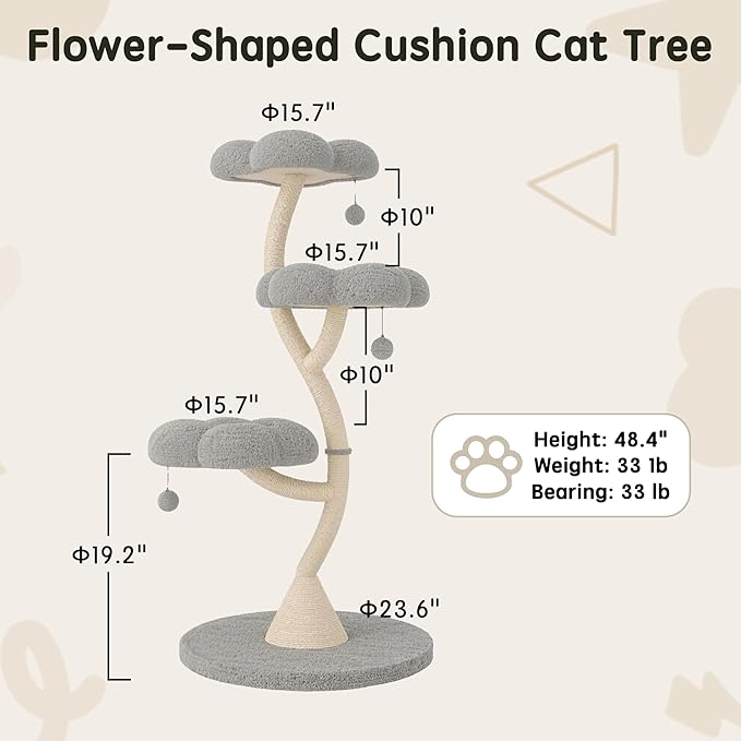 FKWin 48" Tall Cat Tree,Flower Shape Design,Scratching Post Condo,Multi-Level Furniture Activity Center,Kittens Pet House Play with Hang Ball,Plush Cat Tower for Large Cats (Gray-3 Tiers)