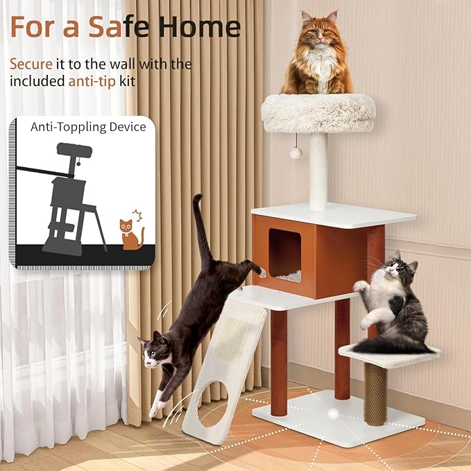 Modern Cat Tree for Large Cats - Multi-Level Activity Center with Sisal Scratching Posts, Plush Perch, Enclosed Condo & Hanging Toy, Sturdy Wood Design for Indoor Use (M)