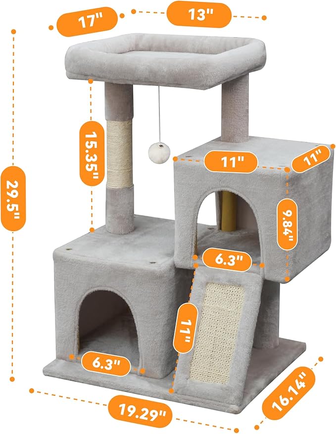 Cat Tree, 29.5 Inches Cat Tower with Dual Condos for Indoor Cats, Plush Cat House with Padded Perch, Scratching Ramp and Posts White-Gray