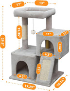 Cat Tree, 29.5 Inches Cat Tower with Dual Condos for Indoor Cats, Plush Cat House with Padded Perch, Scratching Ramp and Posts White-Gray