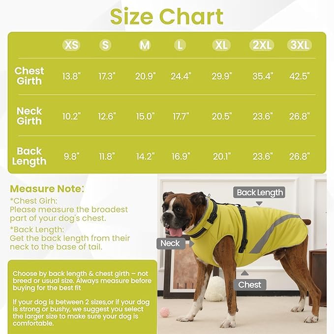 QBLEEV Warm Dog Coat for Medium Dogs, Waterproof Dog Winter Jacket with Built-in Harness & Reflective, Snowproof Warm Coat with Zip Closure, Windproof Neck Drawcord Snow Jackets, Green, L
