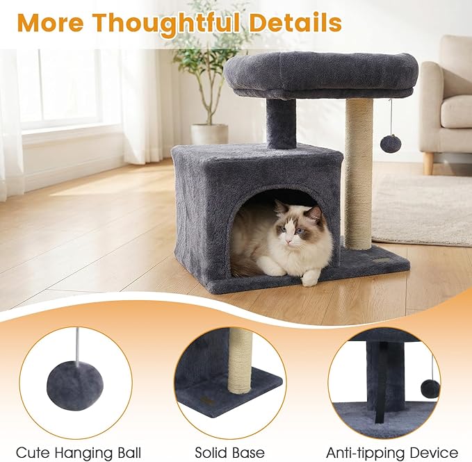 PETSITE 19.5-inch Small Cat Tree, with Sisal Scratching Post, Interactive Hanging Ball, Comfy Condo, and Spacious Top Perch, Ideal for Indoor Cats and Kittens (Dark Grey)
