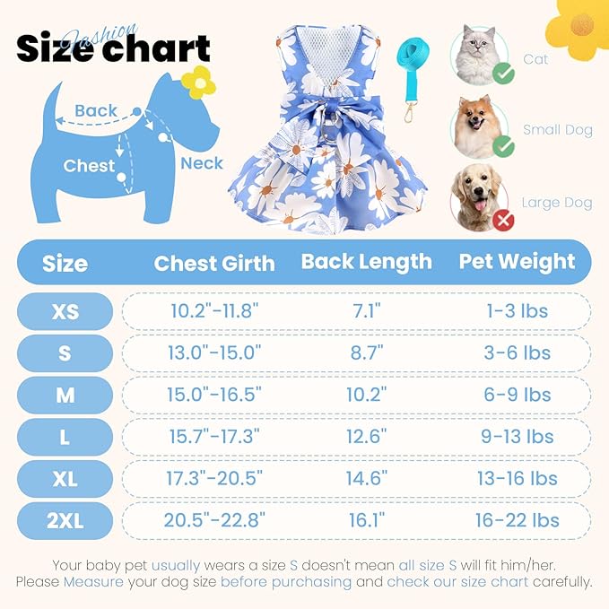 Cute Dog Dress Small Dog Clothes for Girls Female Puppy Outfits Blue Daisy Pet Summer Clothes Bowknot Doggy Cat Princess Dress Harness Set for Holiday Birthday Party Costume Clothing (Blue,L)