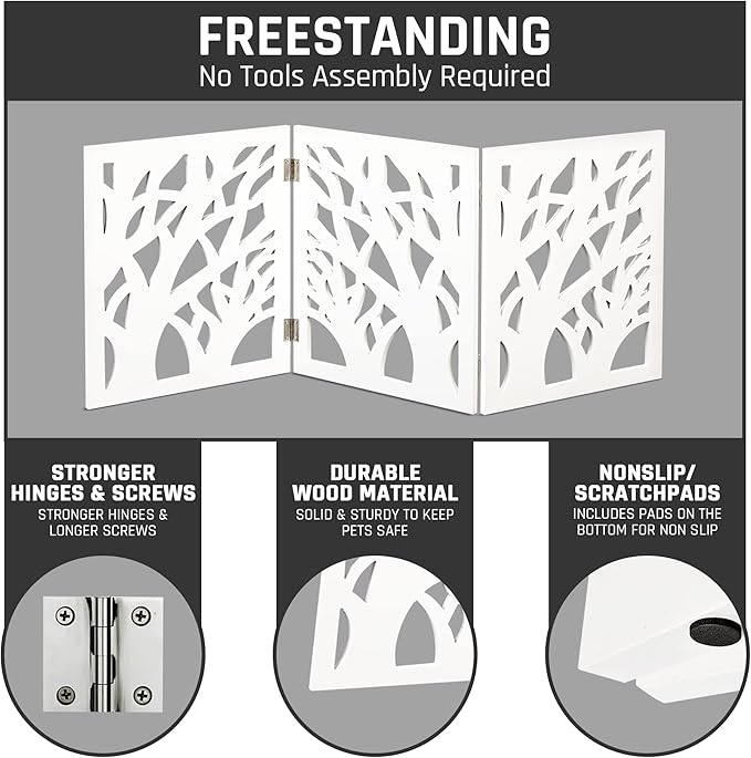 Bundaloo Freestanding Dog Gate Expandable Decorative Wooden Fence for Small to Medium Pet Dogs, Barrier for Stairs, Doorways, & Hallways
