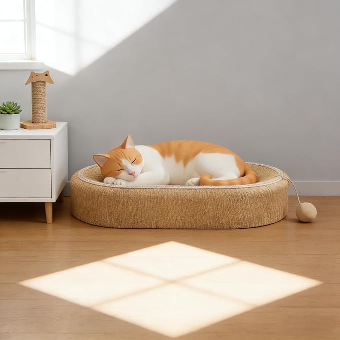 Cat Scratching Post and Cat Mat - 24 Inch Durable Sisal Rope with Interactive Ball, 3-in-1 Cat Scratcher Cardboard Bed for Indoor Cats to Play, Round-Oval Rest and Scratch (Ear Style)