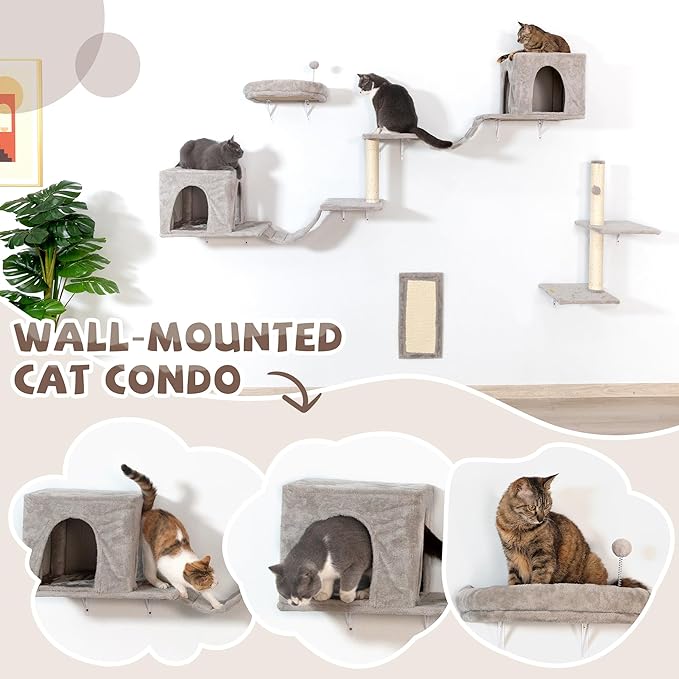 COZIWOW 8-in-1 Cat Wall Furniture Set – Wall Mounted Cat Climbing Wall Shelves with Tree, Perch, Scratching Post and Bridge for Large Cats (Gray)