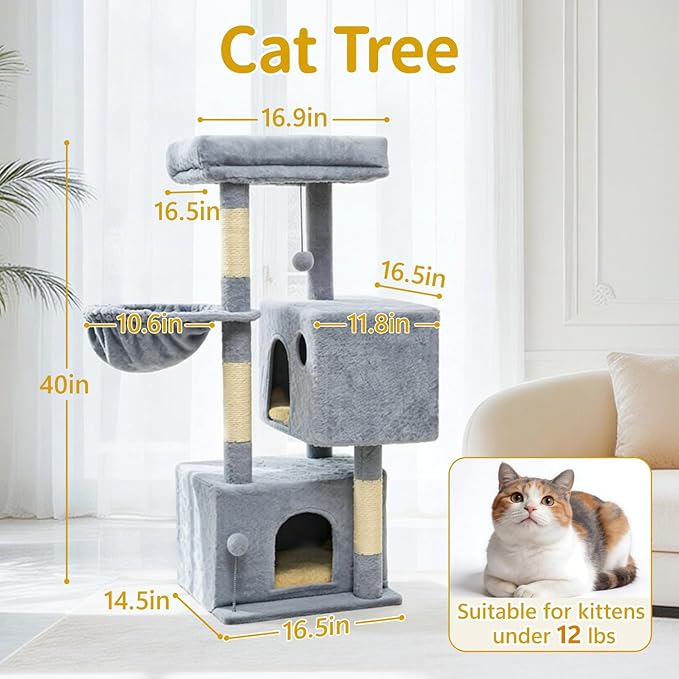 Cat Tree Tower House Condo Small Scratching Post, 40" Corner Kitty Climbing Stand with Hammock for Indoor, Medium Modern Carpet Bed Platform for Kittens, Simple Apartment Cat Furniture