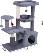 Multi-Level Cat Tree for Indoor Cats, Cat Tree Tower with Big Cat Hammock, Indoor Climbing Activity Tower with Scratching Posts, Grey