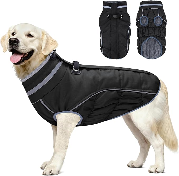 Malier Dog Coat, Reflective Dog Jacket Waterproof Windproof Puppy Cold Weather Coats with Harness Built in, Winter Extra Warm Pet Coat Fleece Vest for Small Large Pets and Puppy (Black, XXX-Large)