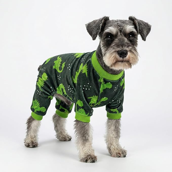 Fitwarm Dinosaur Dog Fleece Pajamas, Warm Clothes for Small Dogs Boy, Cozy Pet Onesie with Feet, Dark Green, Bright Green, Large