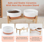 SPUNKYJUNKY Elevated Dog Bowls Ceramic, 7.3'' Dogs Food Water Bowls Raised with Non-Slip Bamboo Stand for Medium to Large Sized Breed Microwave Dishwasher Safe - 42 OZ,Pattern White