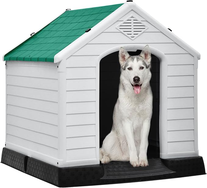DWVO Large Outdoor Dog House, Plastic Doghouse with Air Vents and Ground Nails, Insulated Puppy Shelter for Small Medium Dogs (41''L x 38''W x 39''H, Green)