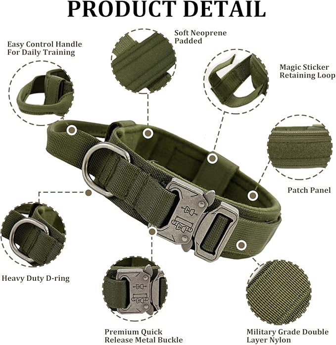 Tactical Dog Collar with Handle - Military Adjustable Dog Training Collar Soft Nylon and Heavy Duty Metal Buckle for Medium Large Dogs - with Patch (Green, X-Large)