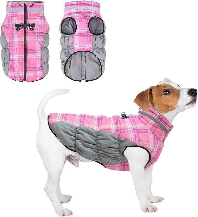 BEAUTYZOO Dog Winter Coat with Harness Built in, Reflective Plaid Puffer Vest Waterproof for X-Small Dogs, Fleece Warm Puppy Zipped Jacket with D Ring, Pet Cold Weather Sweater Clothes, Pink XS