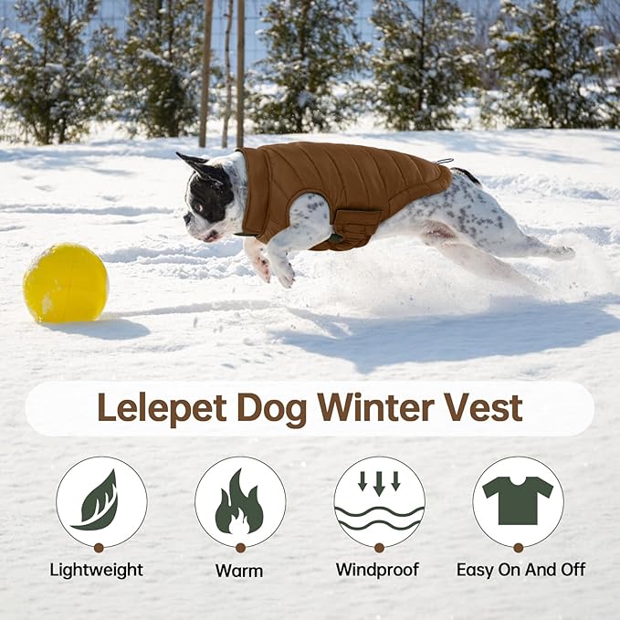Lelepet Reversible Dog Coat Waterproof Dog Jacket Windproof Puffer Vest for Winter Warm Lightweight Coats for Small Dogs Adjustbale Hook & Loop Pet Apparel with Leash Hole, Chihuahua, Brown, XS