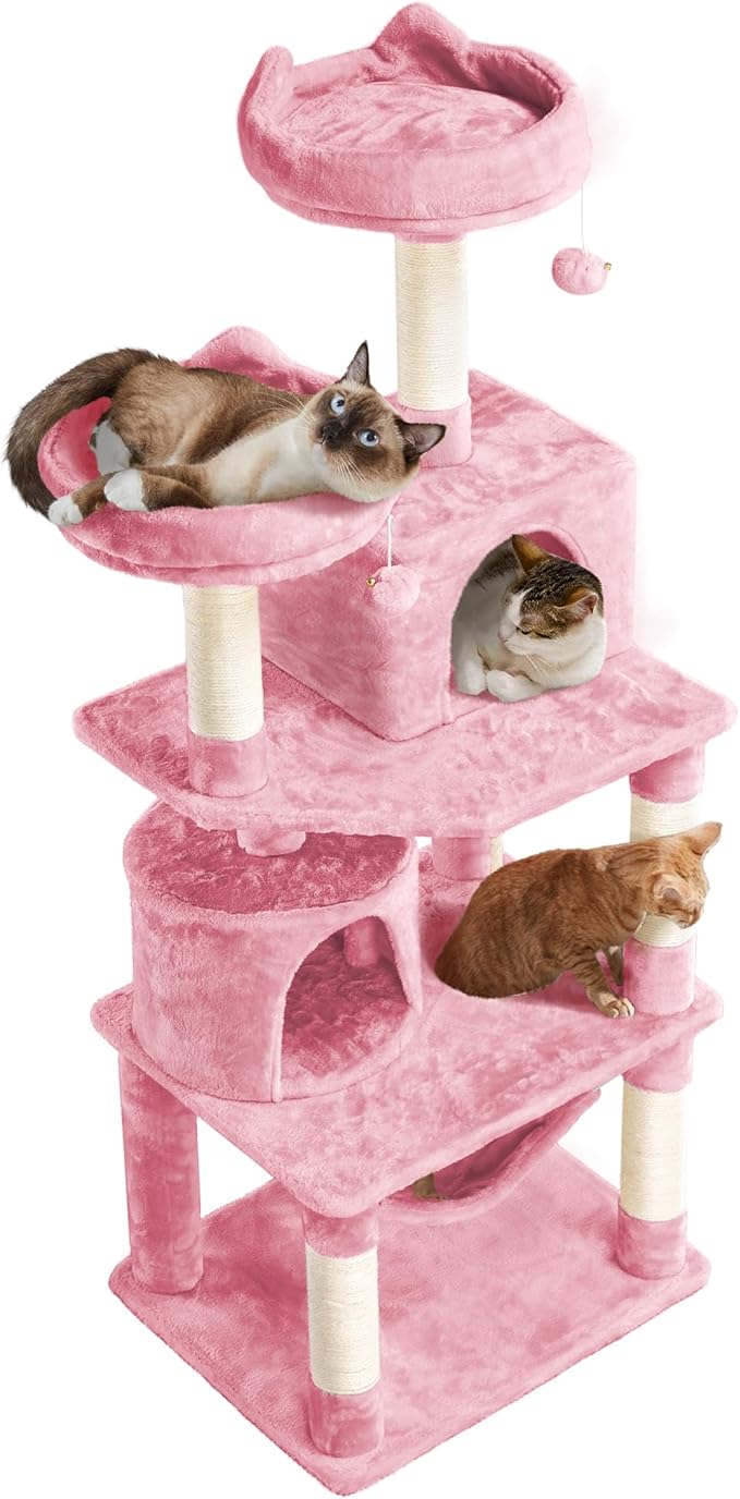 Topeakmart 62.2 inches Cat Tree, Cat Tower w/Double Condos, Scratching Posts & Hammock, Cat Activity Tree Kitten Play House, Pink