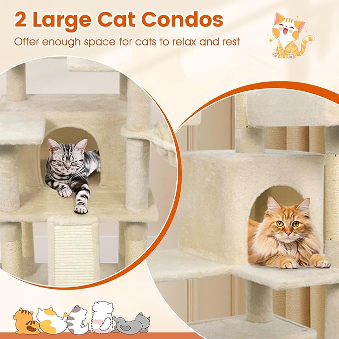 PETSITE Multi-Level Cat Tree, 65 Inches Tall with Sisal Scratching Posts, Condos, Rotatable Cat Basket, Dangling Balls, and Sisal Ladder, Ideal for Indoor Cats to Play and Rest (Beige)