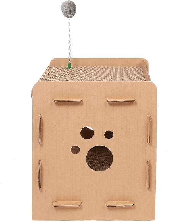Furhaven Cardboard Cat House w/ Catnip for Indoor Cats, Ft. Scratching Pads & Toys - Modern Condo Corrugated Cat Scratcher Hideout - Cardboard Brown, One Size