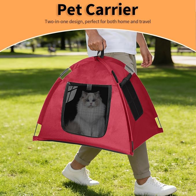 Portable Pet Tent with Full-Enclosure Zippered Mesh Door, Indoor & Outdoor Cat House for Safety & Ventilation, Cozy Nest for Cats, Puppies & Small Animals (Red)
