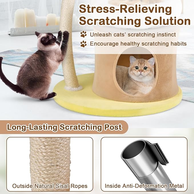PETSITE 33 Inch Cute Cat Tree, Modern Cat Tower with Sisal Scratching Post, Cat Condo, Interactive Teasing Toy, 2 Removable and Washable Top Perches, Small Cat Tree for Indoor Cats