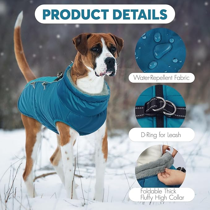 IDOMIK Warm Dog Coat with Harness, Waterproof Reflective Dog Jackets for Small Medium Large Dogs, Fleece High Collar Winter Jacket with Zipper, Pet Winter Snowsuit Clothes for Cold Weather,Blue 3XL