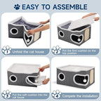 Shikha Cat Beds for Indoor Cats, Extra Wide Cat Cube House for Multi Cats, Foldable Cat Cave Hideaway with Arc-Edge Design & Oval Door, Reversible Cushion for All Seasons, 24"L x 17.7"D x 12.6"H, Grey