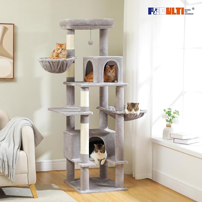 PEQULTI 66" Cat Tree for Indoor Cats, Tall Cat Tower for Large Cats with Scratching Post, Super Large Metal Hammock and 2 Big Condos, Grey