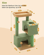 32" Cactus Cat Tree Tower for Indoor Cats - 2 Cozy Condos, Multi-Level Cat Scratching Posts with Sisal, Soft Padded Perch, 2 Dangling Toys, Green
