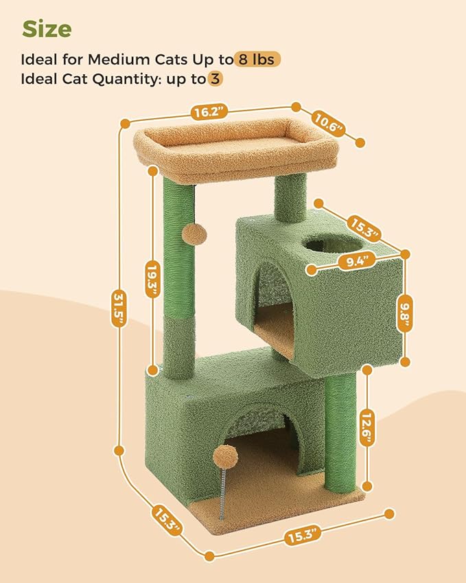 32" Cactus Cat Tree Tower for Indoor Cats - 2 Cozy Condos, Multi-Level Cat Scratching Posts with Sisal, Soft Padded Perch, 2 Dangling Toys, Green