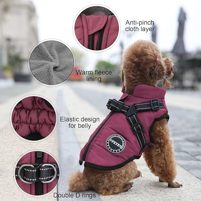 Dog Winter Coat,Warm Jacket Paded Fleece Dog Vest with Built in Harness,Windproof Reflective Cozy Adjustable Snow Pet Coat Clothes with Zipper for Small Medium Dogs