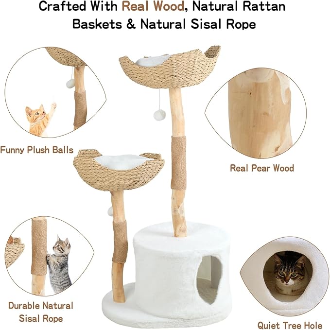 Modern Cat Tree, 46 Inch Aesthetic Luxury Wooden Cat Tower, Stable Wood Aesthetic Pet Furniture, Luxury Cats Condo with Scratching Post and Pet Bed, Great for Cats Lover Gifts White M