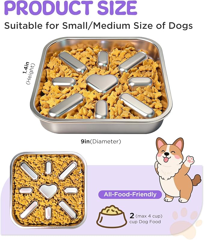 2-Pack Slow Feeder Dog Bowls with Non-Slip Mat, Stainless Steel Slow Feeder for Small & Medium Dogs, 2.5 Cups Pet Bowl for Slows Down Eating, Dishwasher Safe, Anti-Gulping Dog Bowl