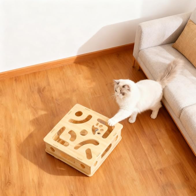 Cat Scratch Puzzle Enrichment Box, Nail File Stress Free Alternative to Clippers and Grinders, with 6 Bell Balls and Cats Funny Stick, Cat Nail File Enrichment Box for Cats (Beige)
